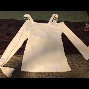 White stretchy long sleeve bare shoulder shirt